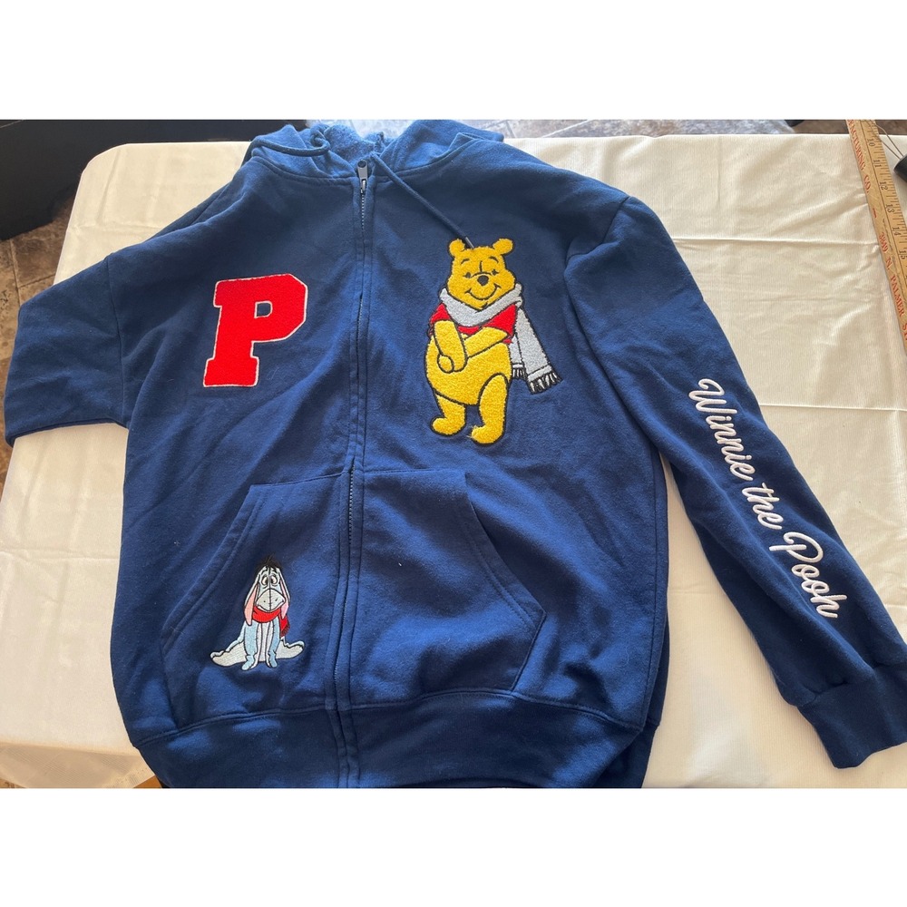 Disney Winnie the Pooh Navy Blue Zip Up Hoodie Embroidered Piglet Eeyore‎ Small